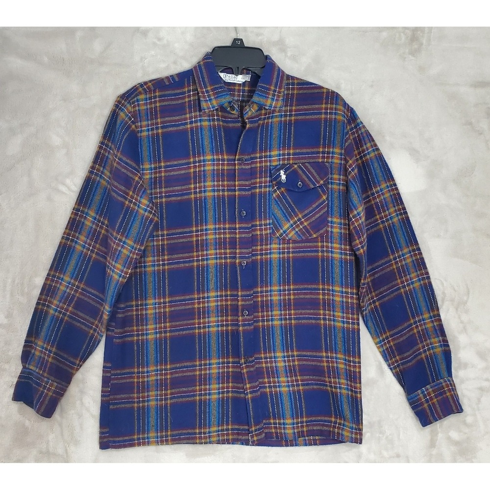 Vintage Polo Ralph Lauren Wool Blend Flannel Shirt Mens M Blue Plaid Button Down